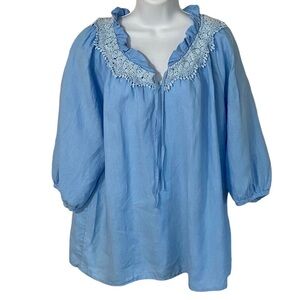 Blue Linen Oversized Peasant Lagenlook Lace Blouse Large Spring Breathable